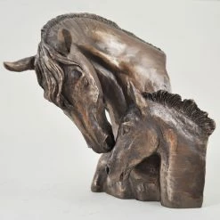 Fiesta Studios Mare & Foal Horses Head Figure By David Geenty Signed Cold Cast Bronze