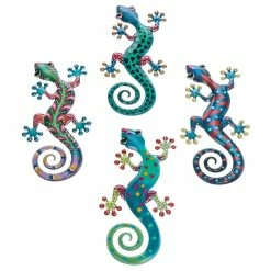 Joe Davies Set Of 4 Wall Hanging Metal Geckos, Bright Coloured Lizards Ideal For Garden Wall Or Fence Shudehill Giftware