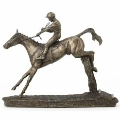 Fiesta Studios Horse Jumping Fence With Jockey Figure By David Geenty Cold Cast Bronze Clearing The Last