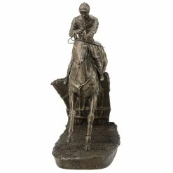Fiesta Studios Horse Jumping Fence With Jockey Figure By David Geenty Cold Cast Bronze Clearing The Last