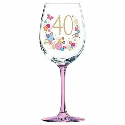Joe Davies 40th Birthday Pink Stem Wine Glass With Flowers By Lulu Design 18th - 80th Birthdays