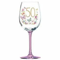 Joe Davies 50th Birthday Pink Stem Wine Glass With Butterflies & Flowers By Lulu Design