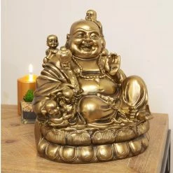 Widdop Large Happy Buddha Sitting Laughing In Gold Coloured Finish Ornaments