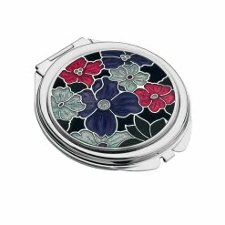 Sea Gems Compact Mirror Enamelled Multi Flower Design In Purple, Red & Cream
