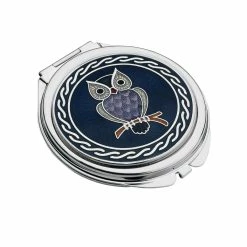 Sea Gems Compact Mirror Enamelled Owl On Branch Design In Purple & Lilac