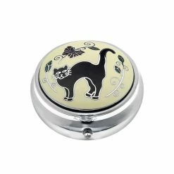 Sea Gems Lucky Black Cat Design Enamel & Silver Plated Pill Box