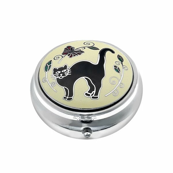 Brand new ๐งจ Sea Gems Lucky Black Cat Design Enamel & Silver Plated Pill Box โค๏ธ 3 Sea Gems Lucky Black Cat Design Enamel & Silver Plated Pill Box