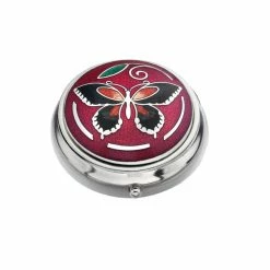 Sea Gems Red Butterfly Design Enamel & Silver Plated Pill Box
