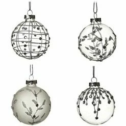 Heaven Sends Set Of 4 Frosted & Clear, Silver Glitter Glass Baubles