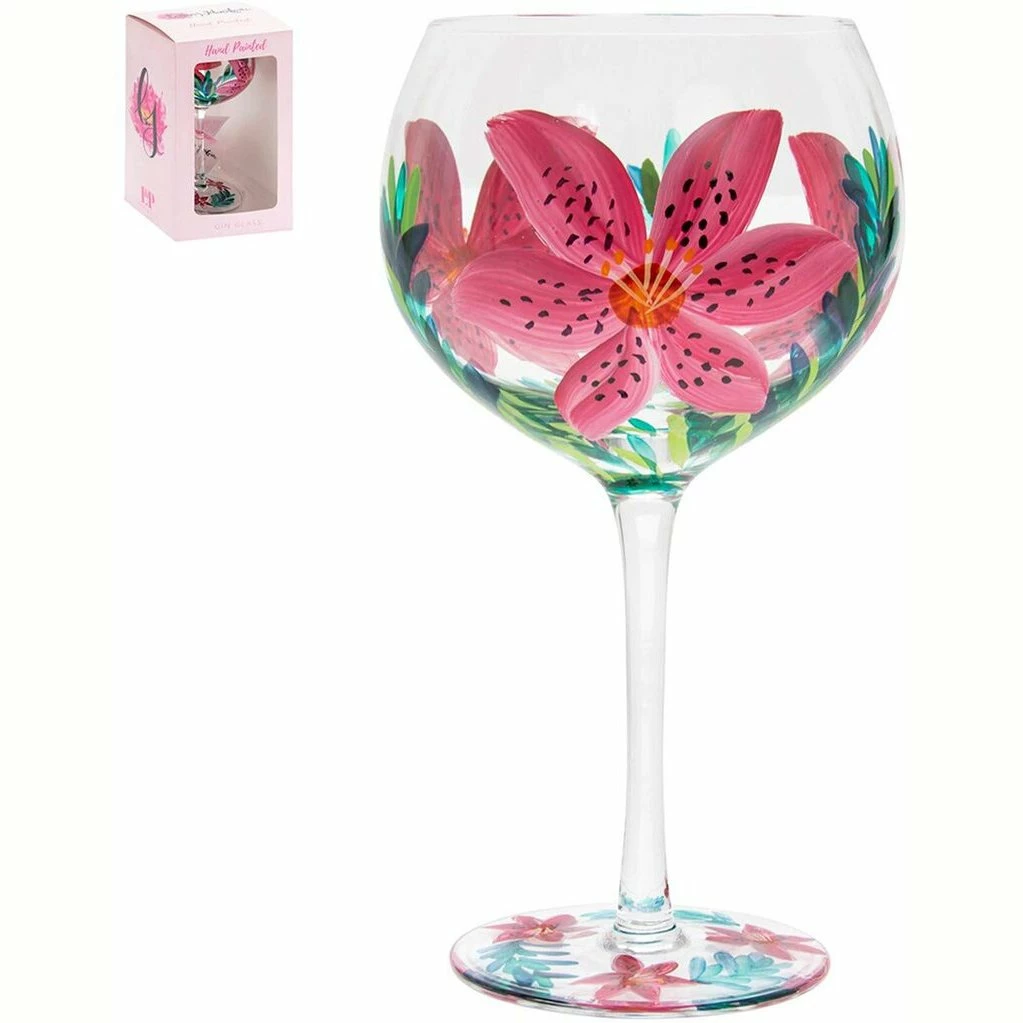 Wholesale 💯 Lesser & Pavey Lynsey Johnstone Handpainted Pink Lily Gin Glass Gin Glasses ⭐ 3 Lesser & Pavey Lynsey Johnstone Handpainted Pink Lily Gin Glass Gin Glasses
