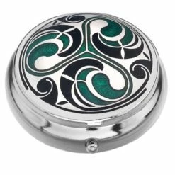 Sea Gems Celtic Black Green Silver Triskele Design Enamel & Silver Plated Pill Box