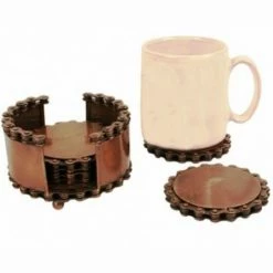 Shared Earth Kitchenware Recycled Bike Chain Set Of 4 Coasters In Stand Bronze Coloured Fair Trade