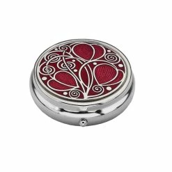 Sea Gems Red Mackintosh Leaves & Coils Design Enamel & Silver Plated Pill Box 3 Compartments