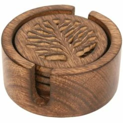 Shared Earth Hand Carved Tree Of Life Set Of 6 Coasters In Stand Kitchenware
